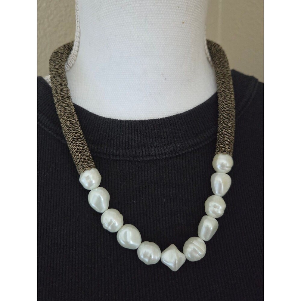coldwater creek baroque pearl chunky collar necklace antique brass mesh cord